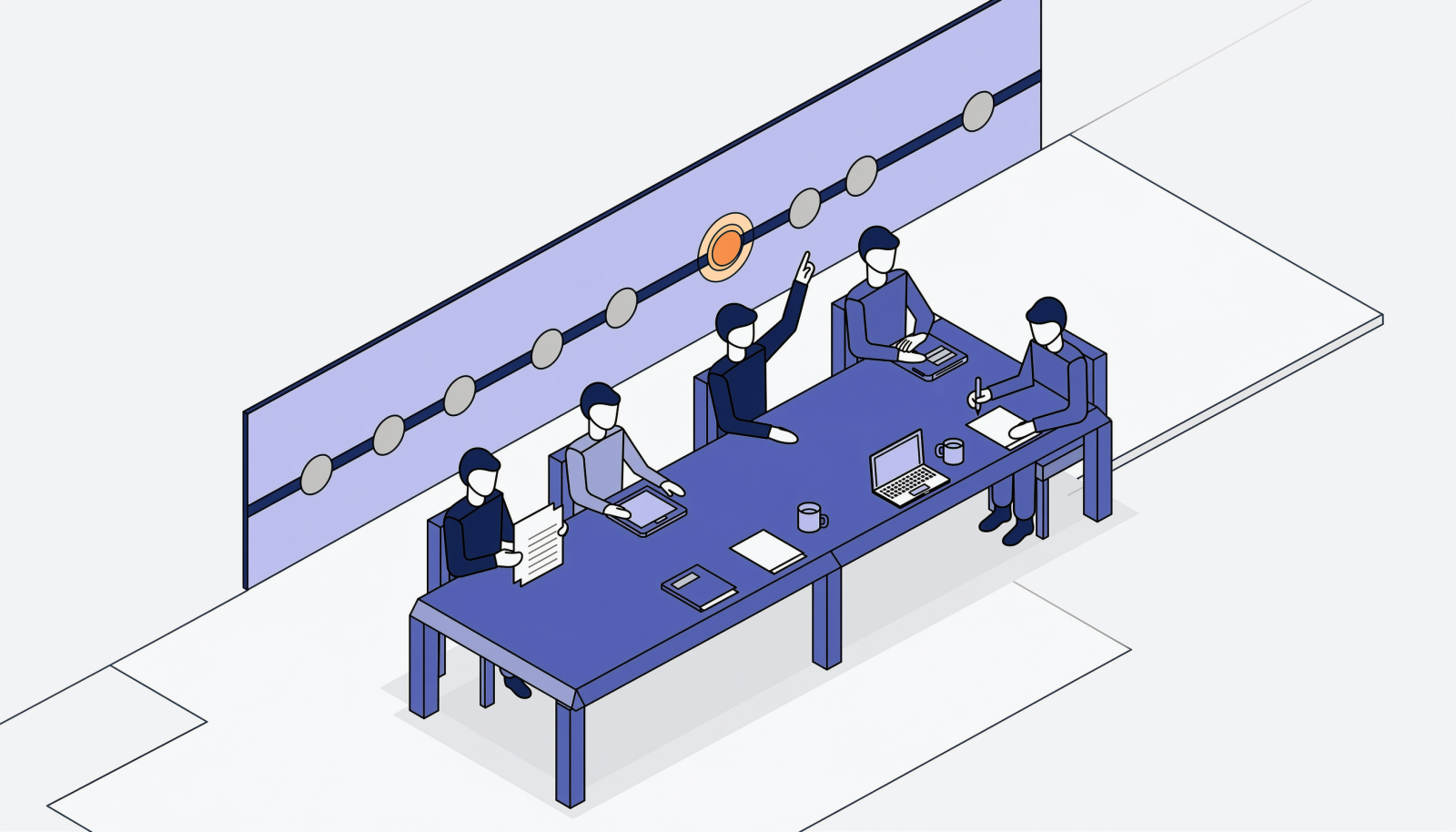 团队成员围坐在会议桌旁，核对材料并指向时间轴上被标记的关键节点