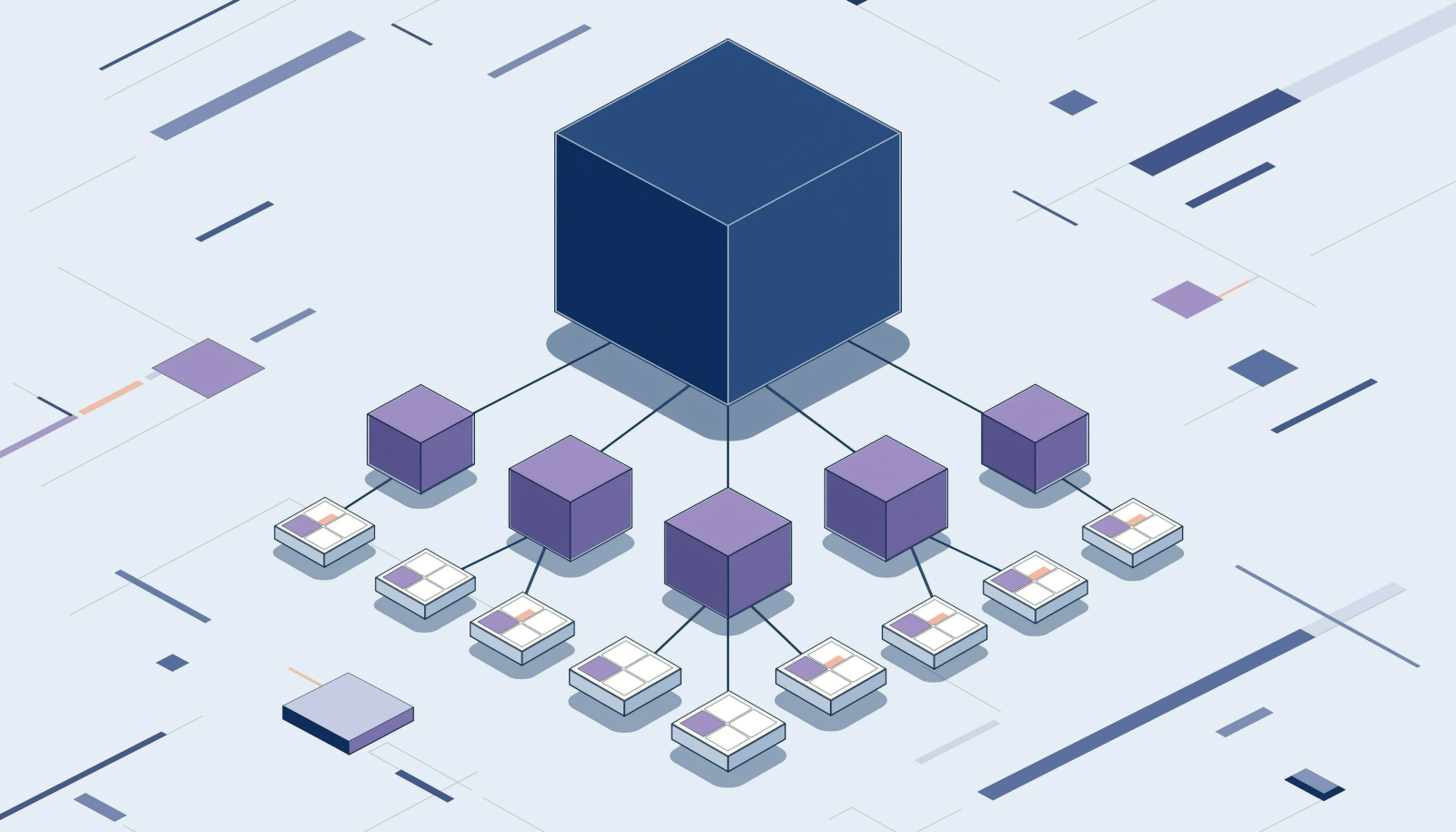 WBS 工作分解结构层级分解示意图：顶端一块代表整体目标的体量最大的方块，向下逐层分出更小的方块，末端带小型工作卡片，呈现上宽下窄的范围分解关系。