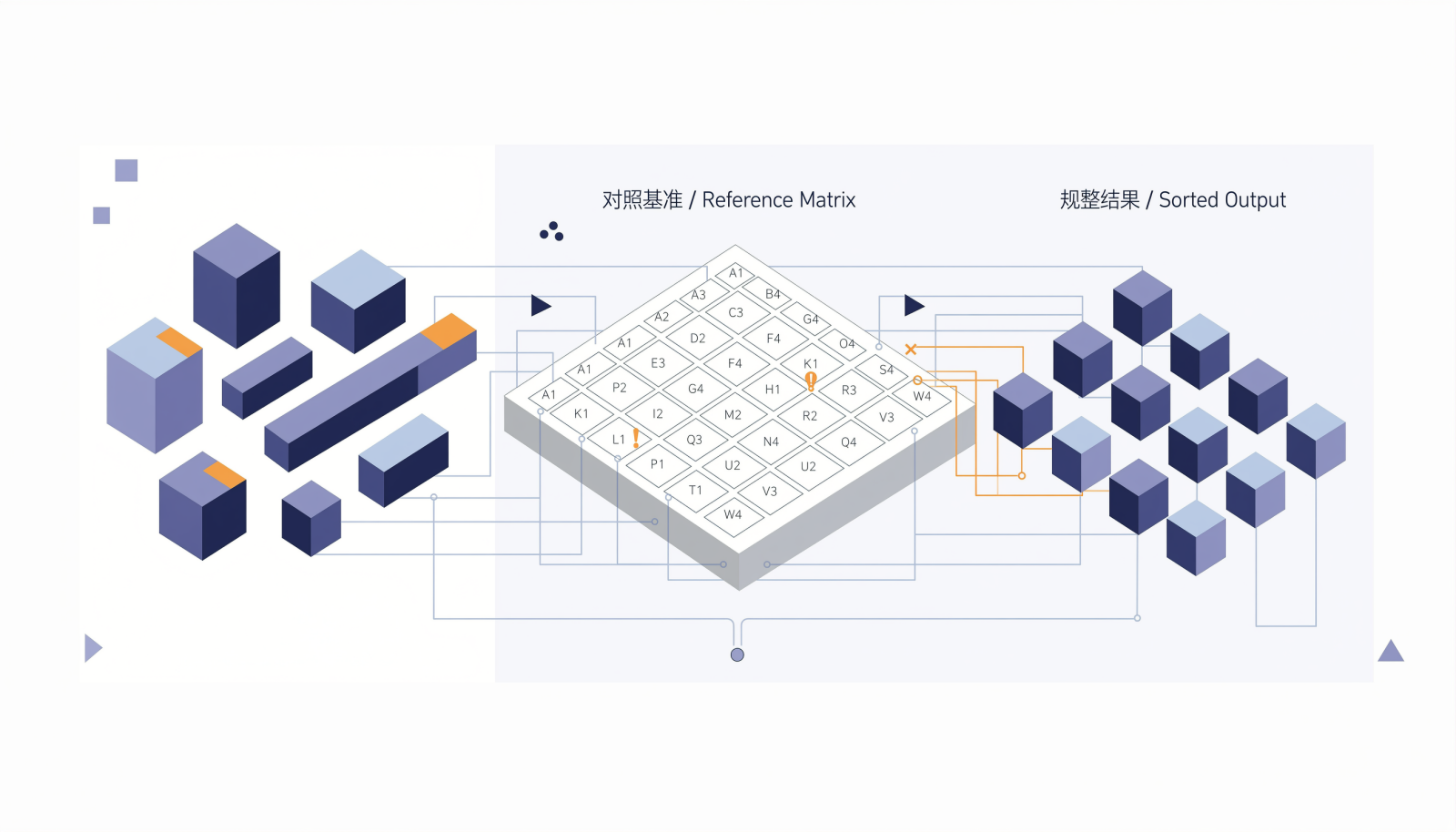 等距视角商务插画：左侧形状与排列各异的抽象块面，经中部平整的对照平面上的成对格位，逐一连向右侧排列规整的块面序列，个别块面呈轻微错位，表现旧系统字段与新系统字段的对照映射关系