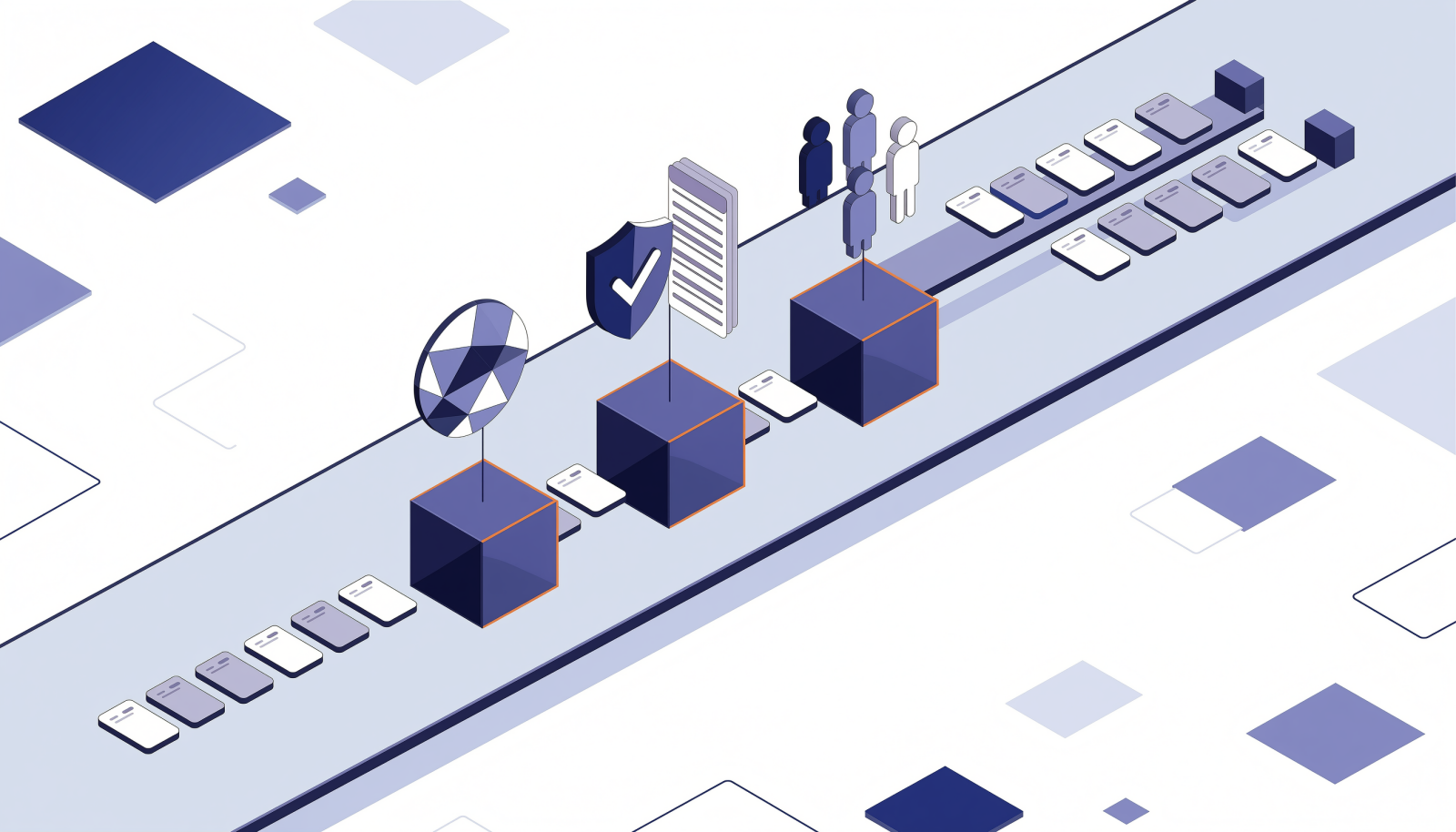 任务卡片依次穿过代表依赖、治理与流动的三个关卡示意