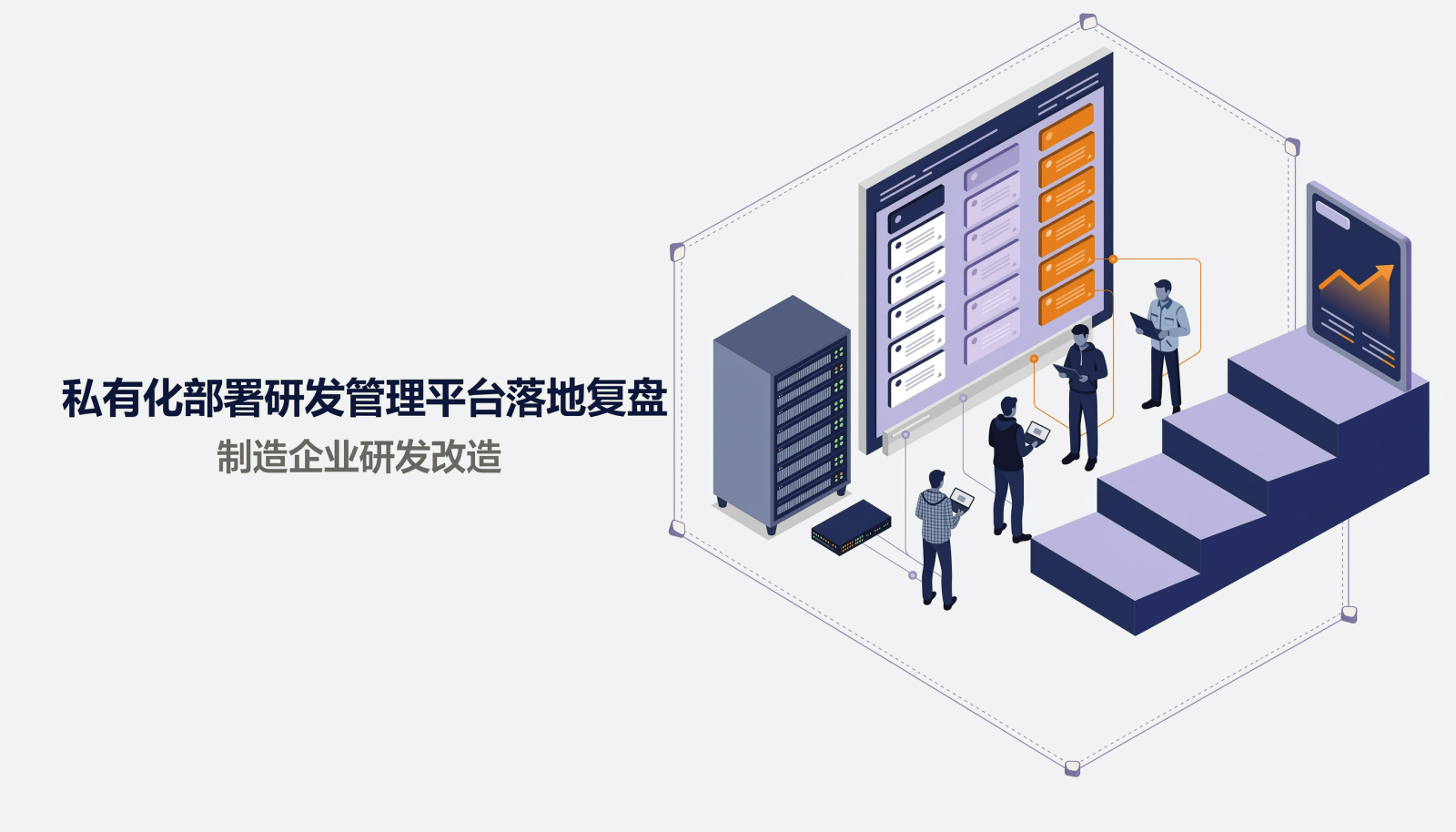 私有化部署研发管理平台落地复盘文章封面：左侧为文章标题，右侧为制造企业内网研发管理平台与研发看板的等距插画
