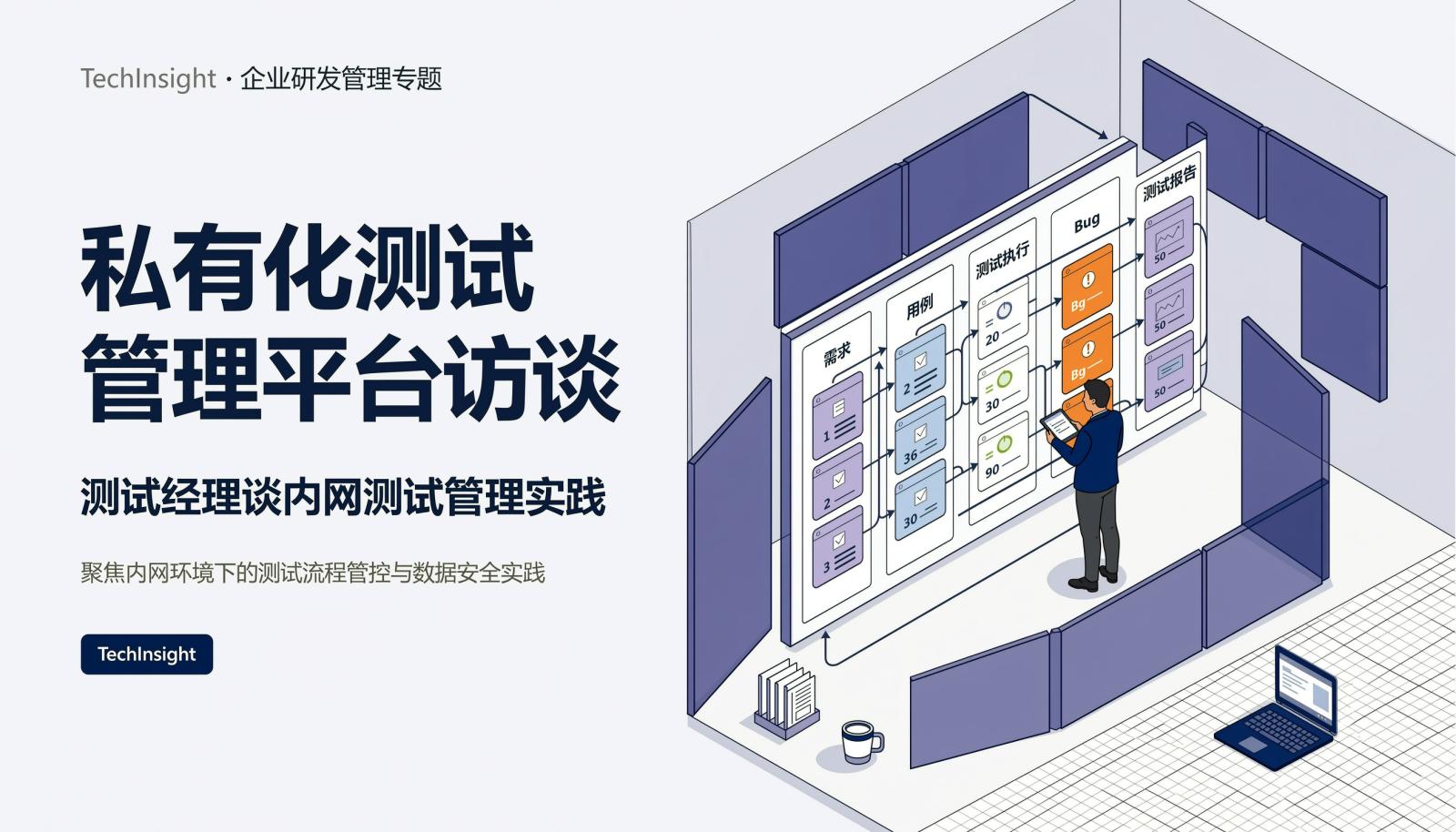 私有化测试管理平台访谈封面：测试经理在企业内网边界内查看测试用例、执行进度、Bug 与测试报告闭环