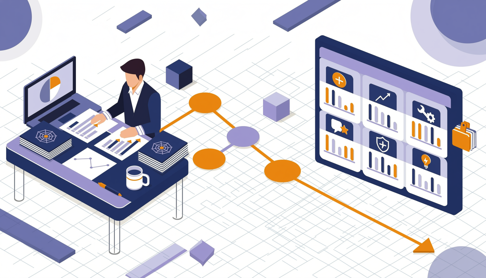 市场分析文档被拆解为需求卡片的等距插画