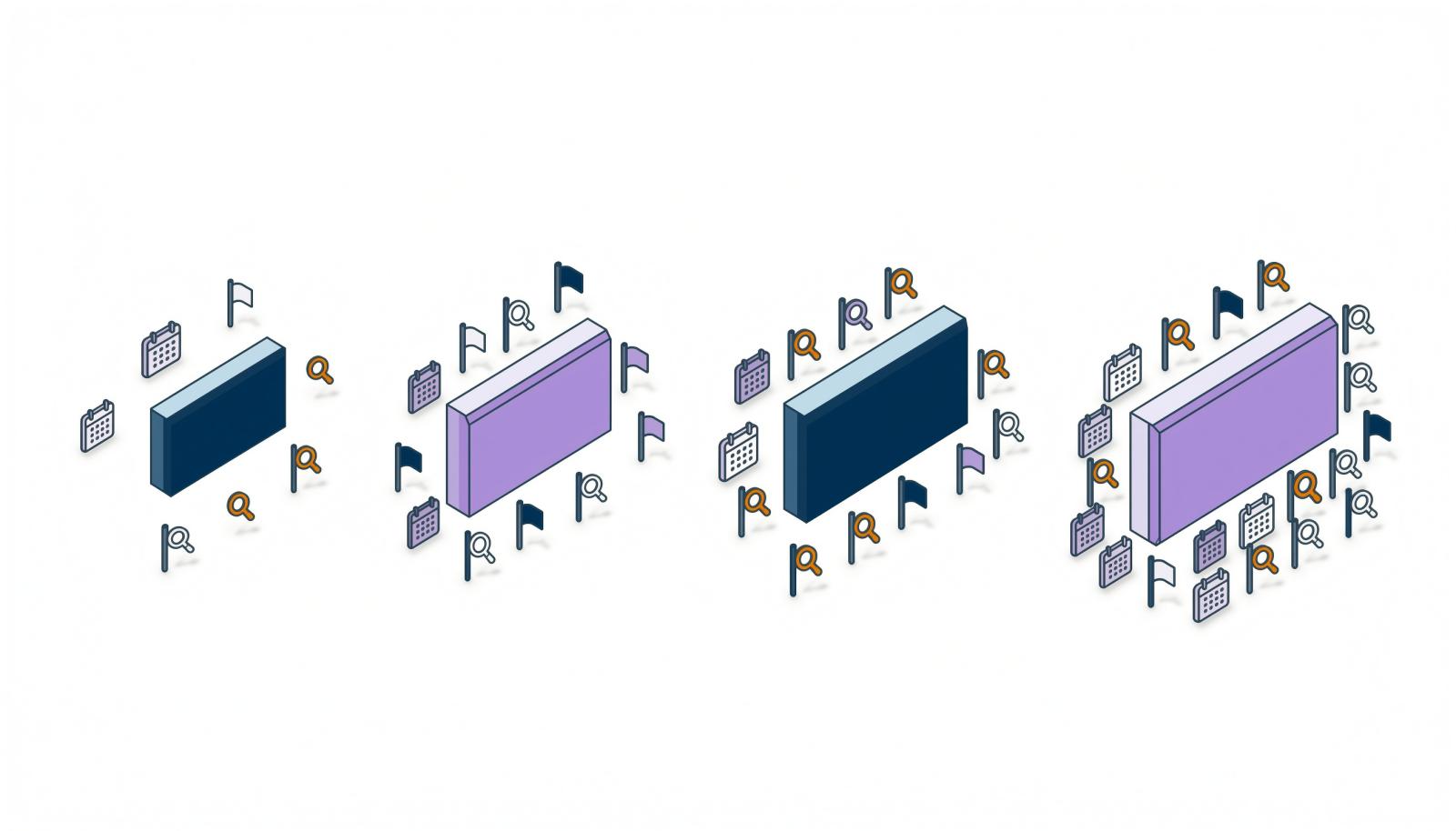 四组项目卡片与不同密度监控节点，展示汇报频率随等级加密