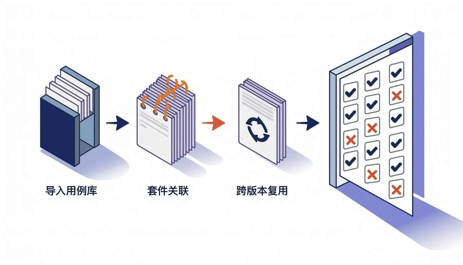 用例复用三条路径信息图：导入用例库、套件关联、跨版本复用汇入测试单