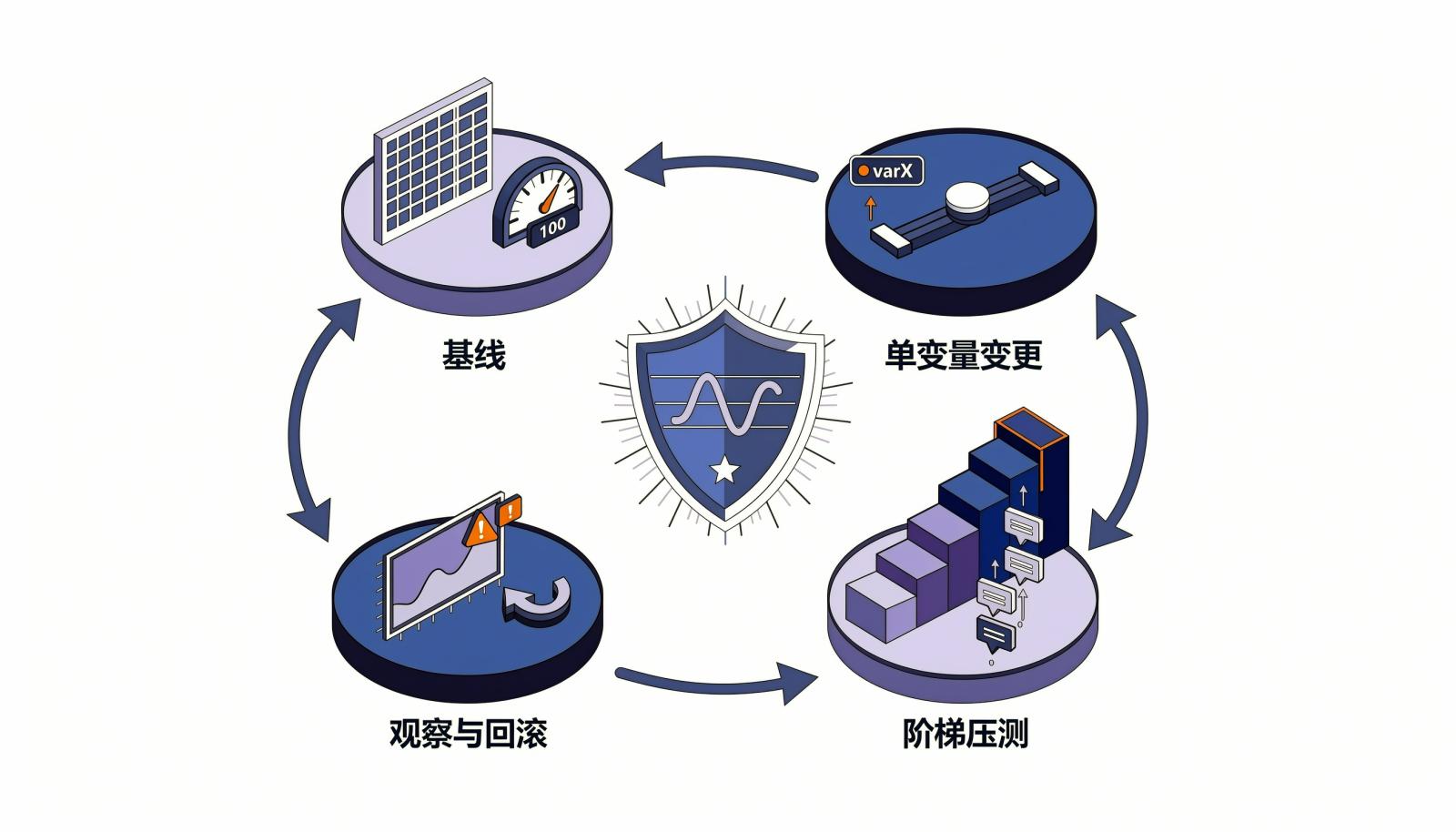 稳定性闭环：基线、单变量变更、阶梯压测、观察与回滚