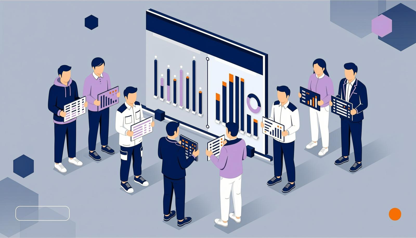 多份报表数据汇聚到同一份口径看板的等距矢量插画