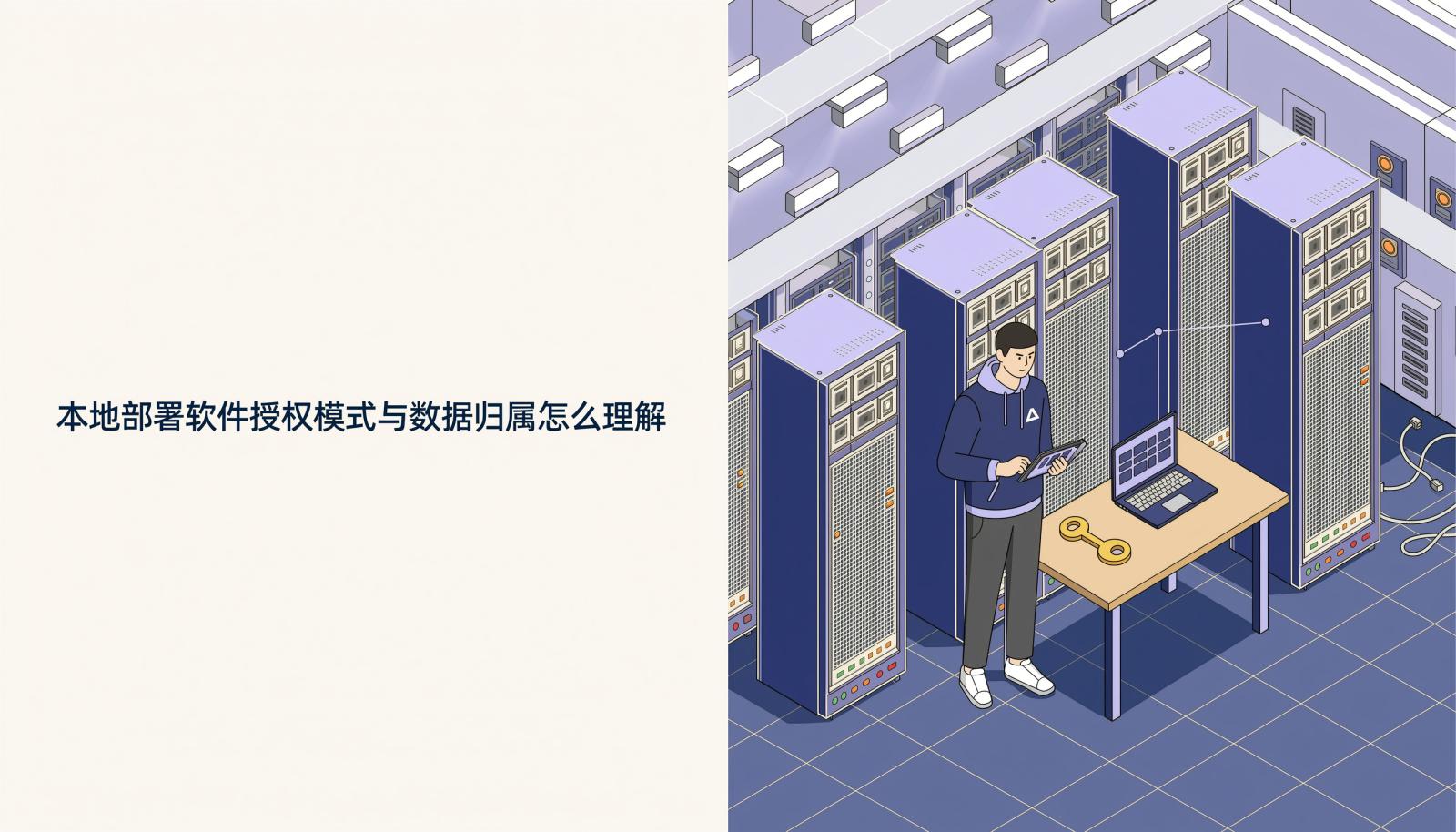 禅道主题封面图：企业机房内服务器机架与 IT 人员，旁边办公桌上放置密钥形状许可凭证