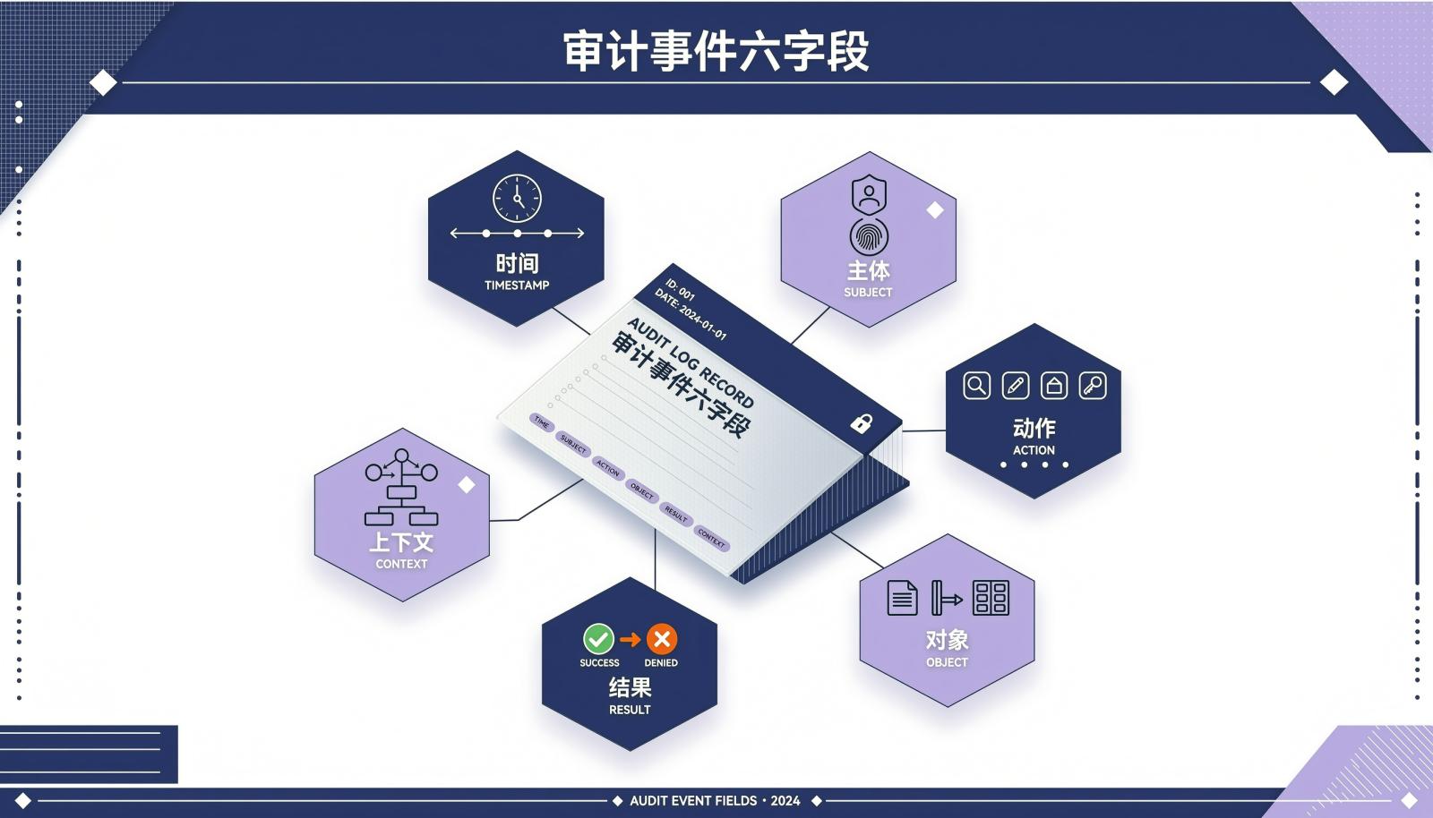 审计事件六字段：时间、主体、动作、对象、结果、上下文