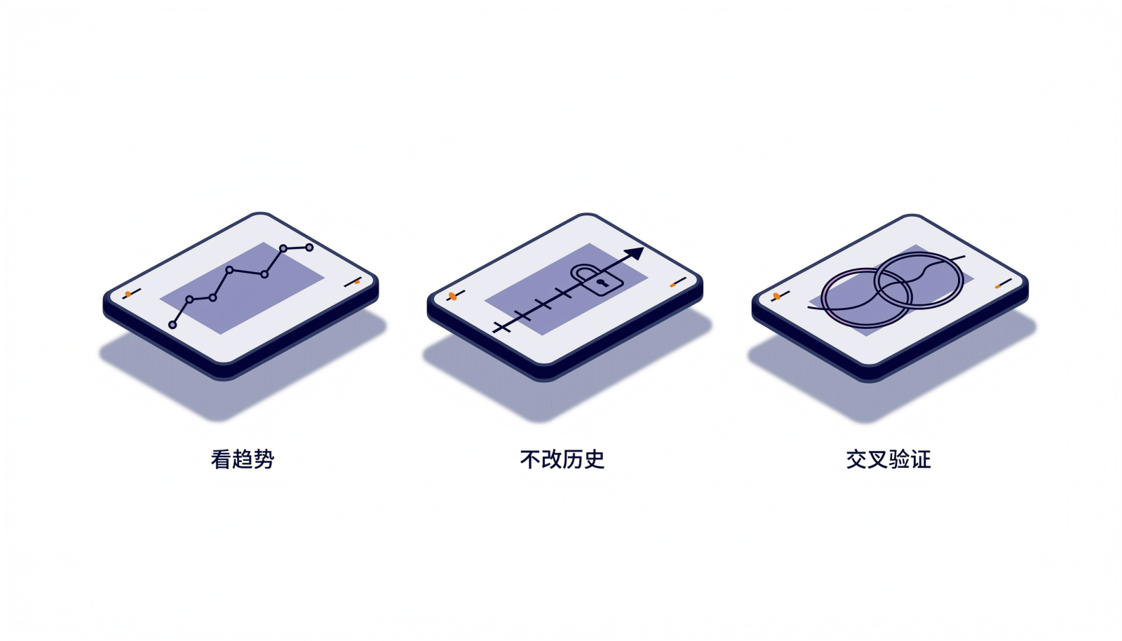 让度量指标可用的三条规则示意图：三块并列卡片分别用趋势折线、锁定历史数据的单向箭头、两个重叠圆环表示看趋势、不改历史、交叉验证