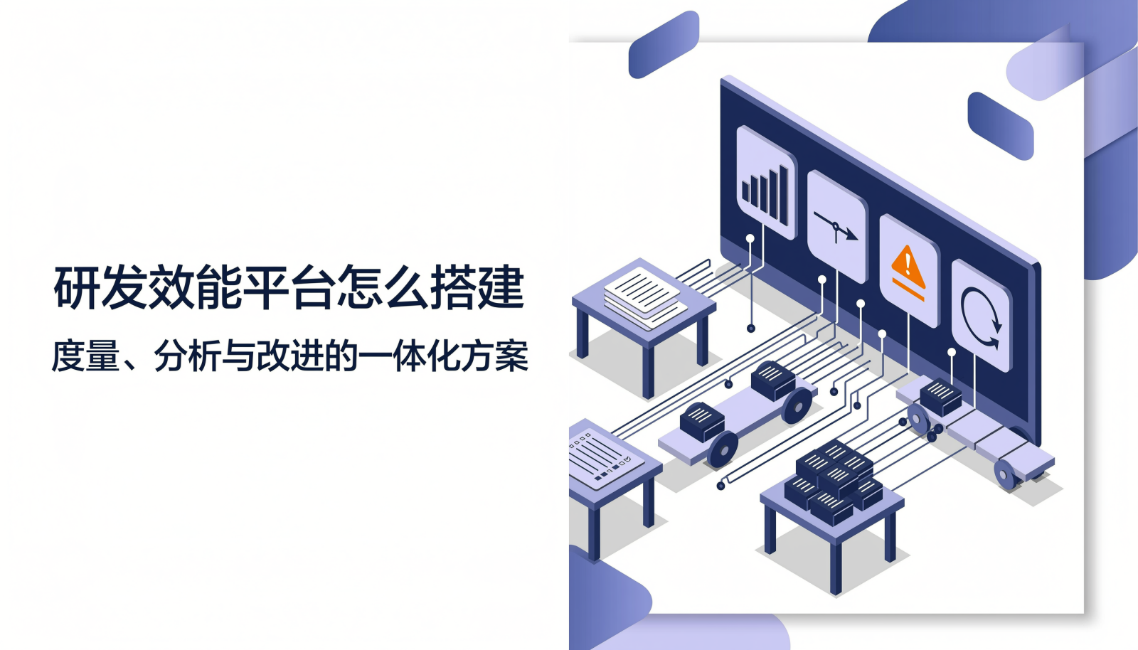 研发效能平台搭建文章封面：左侧标题文字，右侧 2.5D 等距插画展示指标大屏与研发数据汇聚