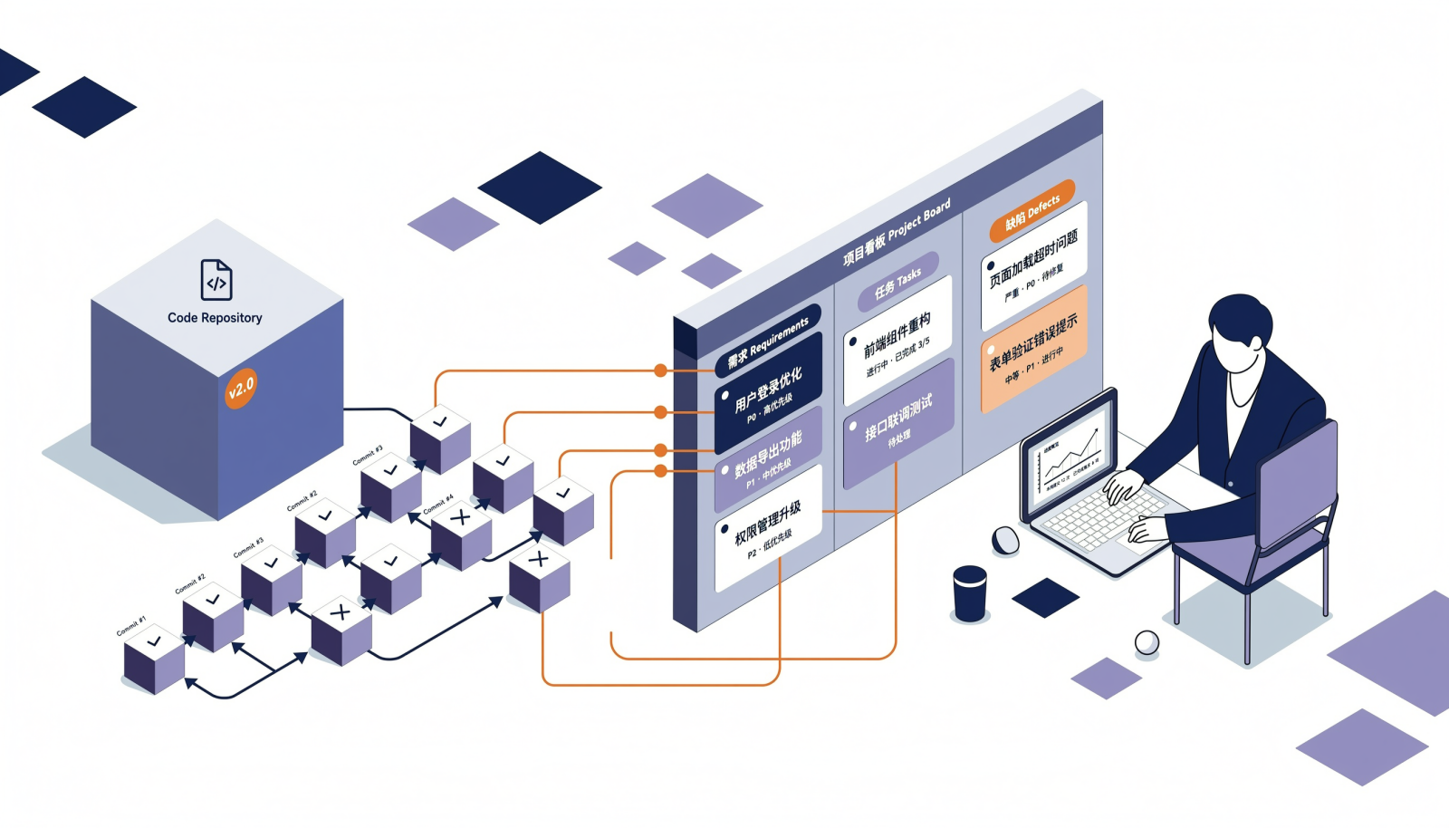 代码仓库的提交记录通过关联机制写回需求、任务与缺陷的等距插画