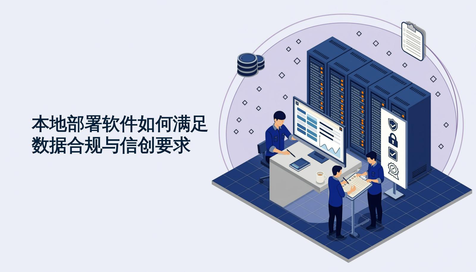 封面图:机房内国产服务器机柜与研发看板,工程师手持合规检查清单逐项核对