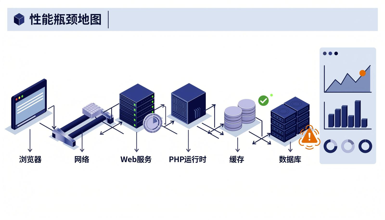 页面请求链路性能瓶颈地图:浏览器、网络、Web服务、PHP运行时、缓存与数据库